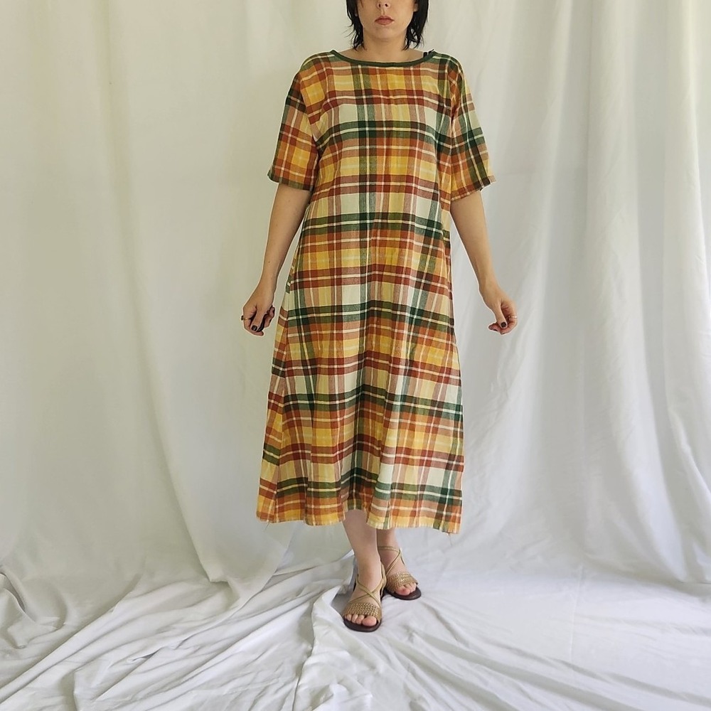 Vintage Yellow, Green, and Red Plaid‎ Peasant Dress